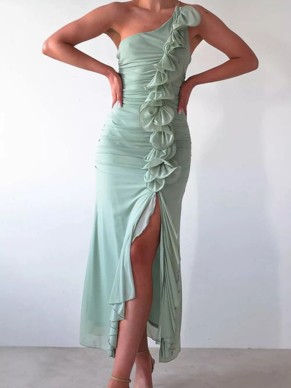 One-Shoulder Ruffle Slit Dress - Picture 4 of 5
